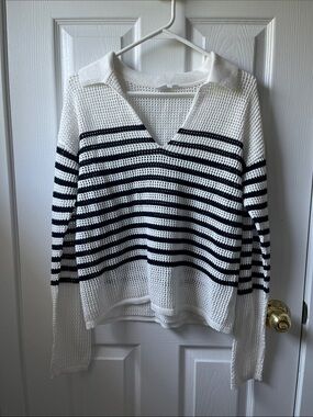 GAP White and Navy Striped Knit V-Neck Sweater Swim Cover Up Beachwear